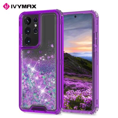 China S21 Ultra 5g Case, Full Body Bling Phone Case 3-Layer Anti-fall Transparent Cover 360 Glitter Shockproof Liquid Quicksand Cover for sale