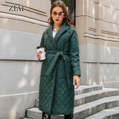 China Winter Straight Anti-Wrinkle Coat Long With Deep Pockets Rhombus Pattern Sashes Women Casual Parkas Worked Collar Stylish Outerwear for sale