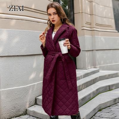 China Winter Straight Anti-Wrinkle Coat Long With Deep Pockets Rhombus Pattern Sashes Women Casual Parkas Worked Collar Stylish Outerwear for sale