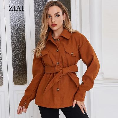 China Temperament Breathable Women's Straight Lapel Long Sleeve Solid Color Belted Woolen Jacket for sale