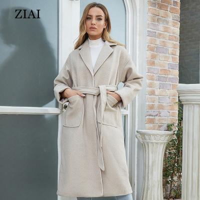 China Korean version of the breathable loose woolen women's thick loose mid-length coat over the knee solid color lace-up woolen coat for sale