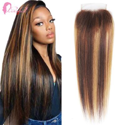 China Best Temperament Piano Silky Straight Bone Color P4/27 Brazilian Straight Human Hair Low Wave 4*4 Lace Closure For Black Women for sale