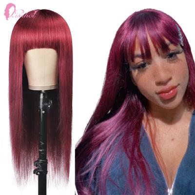 China Lisa Burgundy Red Machine Made Straight Wig With Bangs 100% Unprocessed Hair Color 99j Bone Straight Hair Long Wig For Black Women for sale