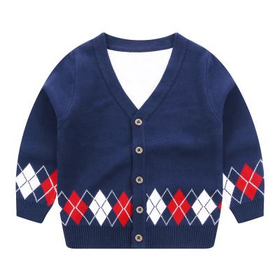 China New autumn and winter Anti-wrinkle V-neck sweater boys sweater fashionable rhomboid children's straight clothing cardigan jacket for sale