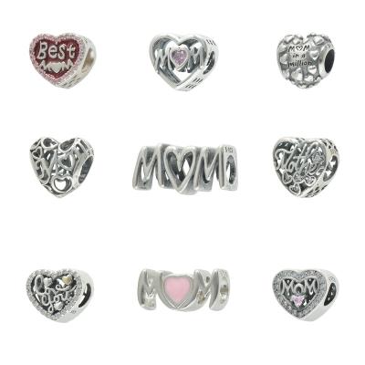 China Trendy Mother's Day Gift Love You Mom Charm Sterling Silver 925 Heart Charms For Bracelet Making for sale