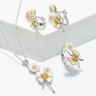 China TRENDY 925 Sterling Silver 4pcs Jewelry Set Shell Flower Pendant Earrings And Necklace Ring For Women for sale