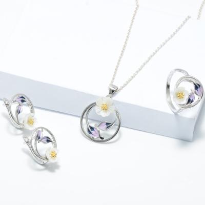 China 925 Sterling Silver Jewelry 4pcs TRENDY Jewelry Set Fashion Shell Flower Necklace Pendant Earrings and Ring For Women for sale