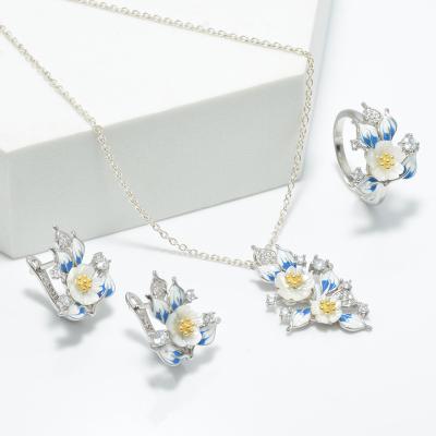 China TRENDY Fashion 925 Silver Shell Jewelry Set Flower Pendant Necklace Earrings And Ring For Women for sale