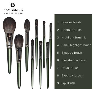 China Angular Blush Green 9Pcs Make Up Micro Copper High Quality Crystal Fiber Silk Makeup Brush Olive Brush Set With High End Zipper PU Bag for sale