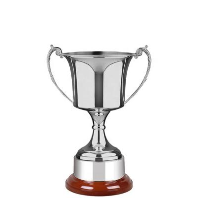 China Custom Europe Cup Award Nickel Trophy Laser Trophy With Rosewood Finish Bases for sale