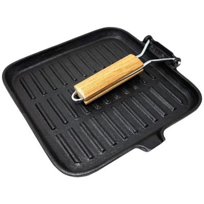 China Kitchen Restaurant Outdoor Bakery Hot Sale Non Stick Pre-seasoned Steak Grill Pan No Coating BBQ Square Cast Iron Skillet Pan With Fold Wooden Handle for sale