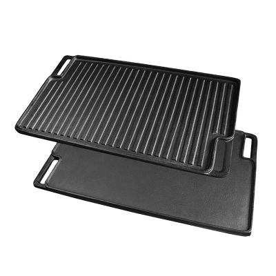 China Kitchen Restaurant Outdoor Bakery Double Side Rectangle Cast Iron Pre-seasoned Camping BBQ Multifunctional Bakplaat Grill Pan with Diagonal Handle for sale