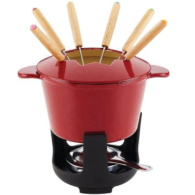 China Sustainable High Quality Cheap Mini Round Flower Shape Cover Enamel Cast Iron Cookware Wholesale Chocolate Fondue Set with Wooden Base for sale