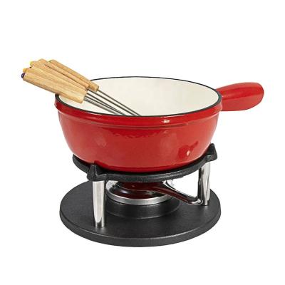 China Sustainable Hot Saling Red Fondue Set Home Kitchen Ware Enameled Cast Iron Cookware  Traditional Cast Iron Cheese Melting Pot for sale