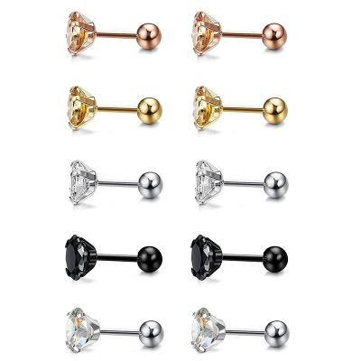 China OEM ODM Cute Stainless Steel Stud Earrings Screw Back Round Earring With White Zircon for sale