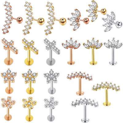 China Crystal Flower Cross 16G Cartilage Piercing Stud Flat Helix Piercing Jewelry Tragus Piercing Earring Stud Punk Lip Labret Jewelry for sale