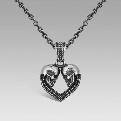 China Men's Silver Color Stainless Steel Double Color Hip Hop Heart Punk Skull Pendant Necklace Couples Charm Fashion Jewelry for sale