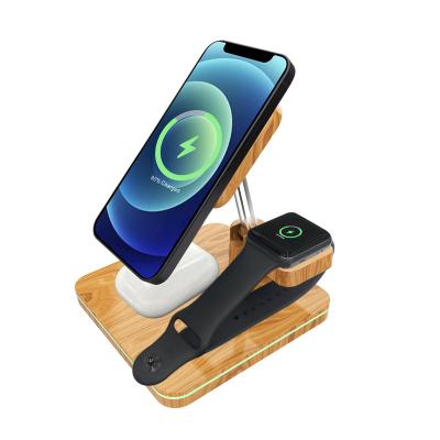 China 15W For Phone 2022 New Arrival Bedside Charger 3 In 1 Wireless Charger Phone Wood Magnetic Fast Chargers For Smartphone Watch Smart Earphone for sale