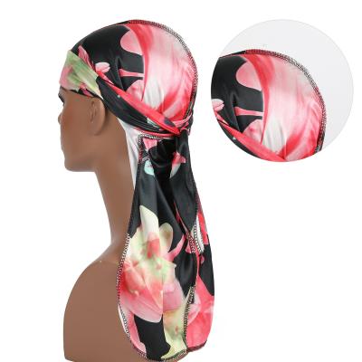 China Fashinable Customized Logo Durag Long Hats Straps Bandanas Satin Low MOQ Seamless Silky Durags Headband For Women Men for sale