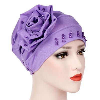 China Large Flower Daily Life Durag Head Women Hijab Hats Muslim Hair Accessory Floral Pearl Designed Muslim Turban Head Wrap for sale