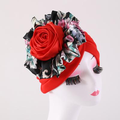 China The Most Popular Wholesale Braid Turban Women Bandanas Muslim Turban Hat For Women Female Headscarf African Turban With Big Flower for sale