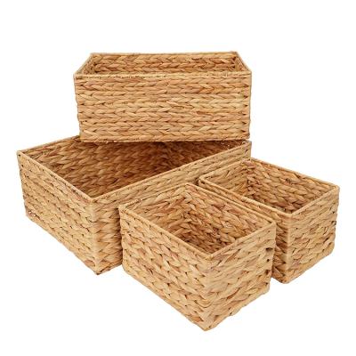 China Storage Kitchen Bathroom Bedroom Rectangle Water Hyacinth Storage Baskets Set Of 4 Wicker Basket Organizer Shelves Pantry for sale