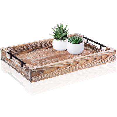 China Rustic Wood Tray Stocked With Handles Coffee Table Tray Home Decor Farmhouse Wooden Serving Tray for sale