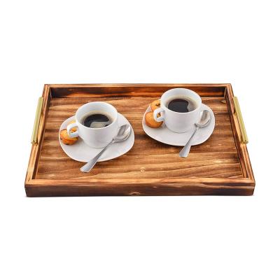 China Modern Rustic Farmhouse Decorative Ottoman Tray Large Wooden Serving Tray with Gold Handles for sale