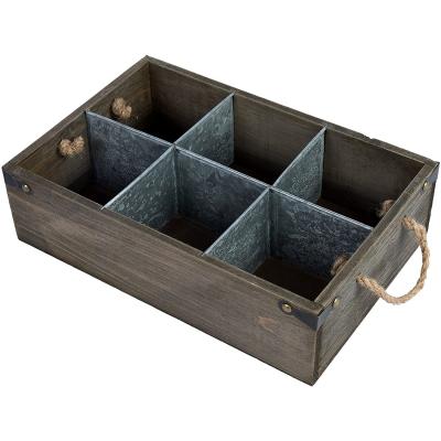 China 6 Bottle Rustic Wooden Crate Europe Farmhouse Room Decor Wine Rack Dark Wooden Farmhouse Wine Box for sale