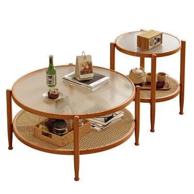 China Rattan Glass Tea Table Japanese Style Double Glass Coffee Table for sale