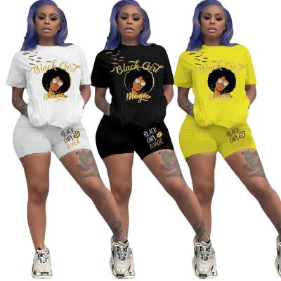 China Breathable Hot Sale Fashion Outdoor Colorful T-shirts Black Art African Girl Printing Summer Sports Two Piece Suit Women Clothing for sale