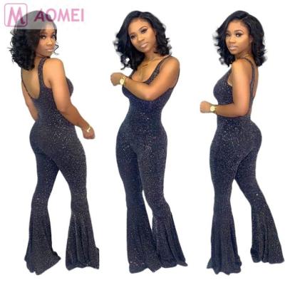 China Wholesale New Anti-Static S2098 Solid Color Sleeveless Backless Bling Sparkle Nightclub Women Sexy Jumpsuit for sale