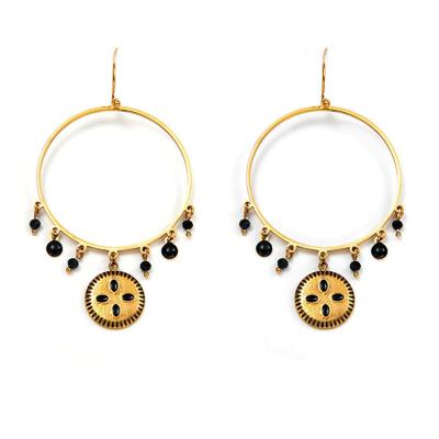 China TRENDY Vintage Style Stainless Steel Gold Plated Circle Gemstone Disc Dangle Drop Earrings for sale