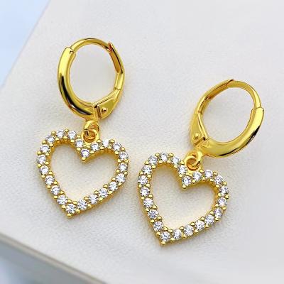 China Fine Jewelry TRENDY Gold Plated Cubic Zirconia Hollow Heart Pendant Drop Earrings For Women Girls for sale