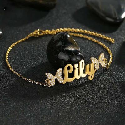 China High Quality Jewelry Stainless Steel DIY Personalized Gold Plated Custom Name Bracelet With Zircon Butterfly for sale