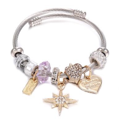 China High Quality Delicacy Stainless Steel Star Heart Horse Bead Handmade Charm Open Bracelet for sale