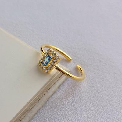 China High Quality Vintage Style 925 Sterling Silver Gold Plated Blue Diamond Open Ring For Women Girls for sale