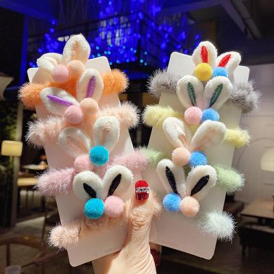 China New Design High Stretch Fur Elastic Hair Ties Hair Scrunchies With Bunny Rabbit Ear Ball for sale