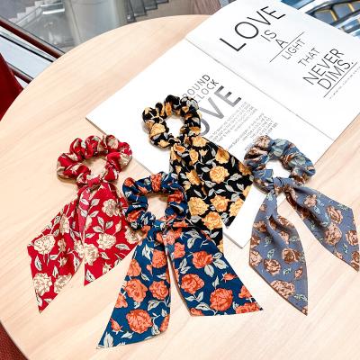 China Vintage French Style Floral Cloth Elastic Ponytail Holder Knot Hair Scrunchies With Tail Women Hair Accessories for sale