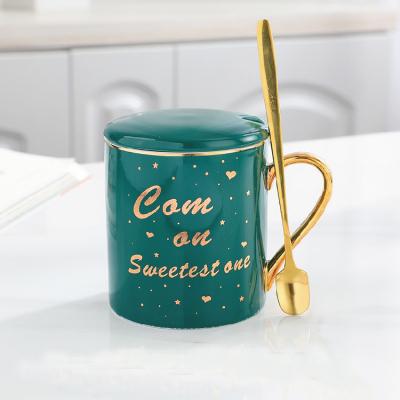 China Sustainable Cute Ceramic Mug Set With Gold Handle&Spoon for sale