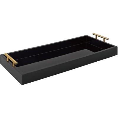 China Handmade Chic Accent Wooden Narrow Decorative Display Tray with Metal Handles for sale