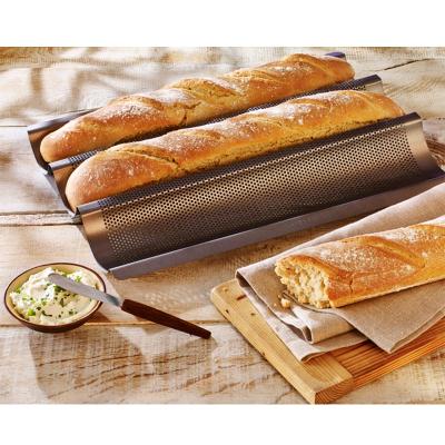 China Disposable Perforated Baking Molds Heat Resistant Baguette Tray 3 Slot Baking French Bread Box for sale