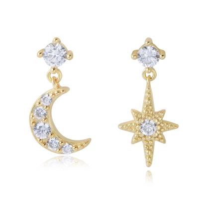 China TRENDY Star and Moon Sterling Silver Luxury Gold Plated CZ Earrings Stud Mismatched Earrings for sale