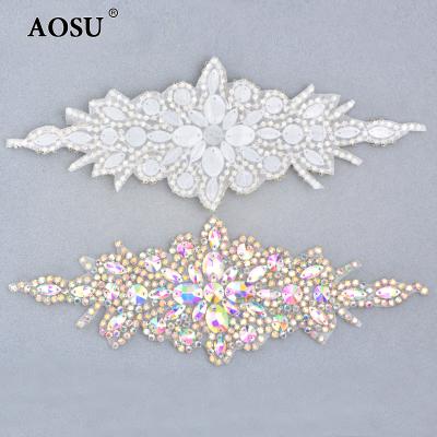 China Wholesale 90*240mm AB Flatback AOSU Crystals Iron On Rhinestone Flower Patches Hotfix Rhinestone Applique For Wedding Dress for sale