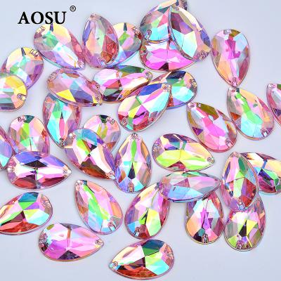 China Fancy Flatback AOSU 17*28mm Sew On Crystals Teardrop Rhinestones Acrylic Appliques Pink AB Sewing Flatback Rhinestone For Dress for sale