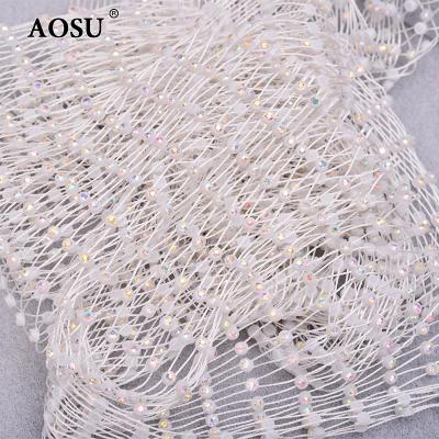 China Flatback AOSU 1 Meter White AB Stretch Trim Rhinestone Fabric Mesh For Crafts Crystal Rhinestone Appliques Sewing Diamond for sale