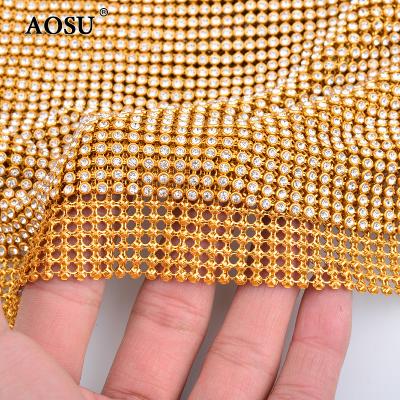 China Wholesale 45*120cm Flatback AOSU Wholesale 45*120cm Gold Trim AB Color Glass Crystal Fabric Rhinestone Mesh For Dress Seam Decoration for sale