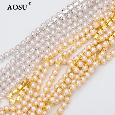 China AOSU SS6 2mm SS12 3mm SS16 4mm Pointback Pearl Beads With Gold Base Chain Applique Bridal Beads String Trim For Dresses for sale