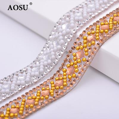 China Flatback AOSU Wholesale 5 Yard*15mm Clear Color Hotfix Crystal Banding Glass Rhinestone Chain Rhinestone Trim For Dress for sale