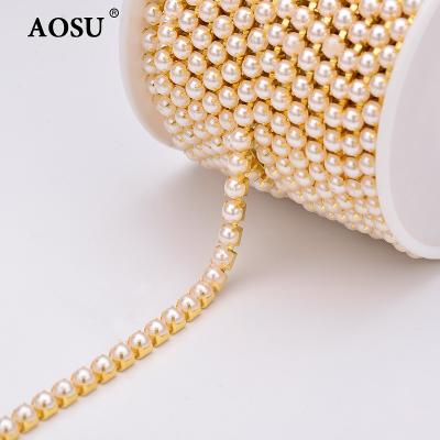 China Wholesale SS6 2mm SS12 3mm SS16 4mm Pointback AOSU Gold Base Crystal Ribbon Sewing Pearl Chain For Dress for sale